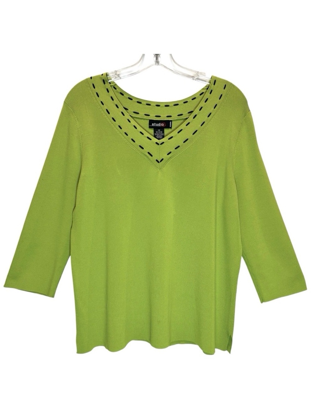 Studio G Lime Green V-Neck Sweater w/ Black Stitch Trim, 3/4 Sleeves - Size 2X